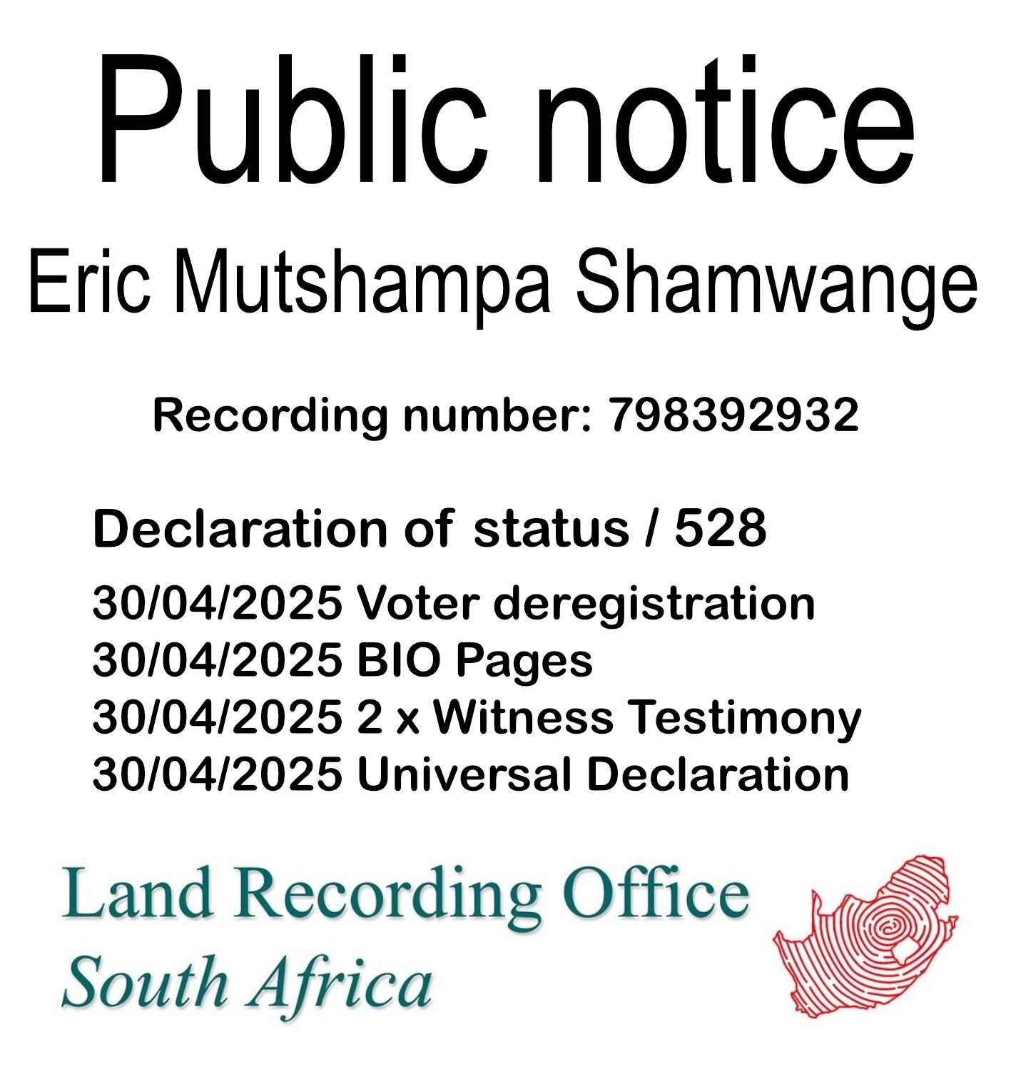 Public Notice Eric Mutshampa Shamwange (c) Recording number 798392932